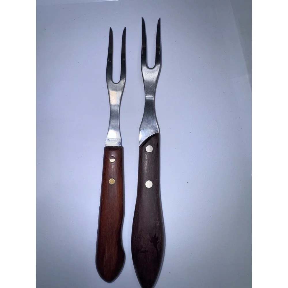 Vintage Stainless Steel Meat Carving Forks Set of 2Wood Handle USA Kitchen Tools